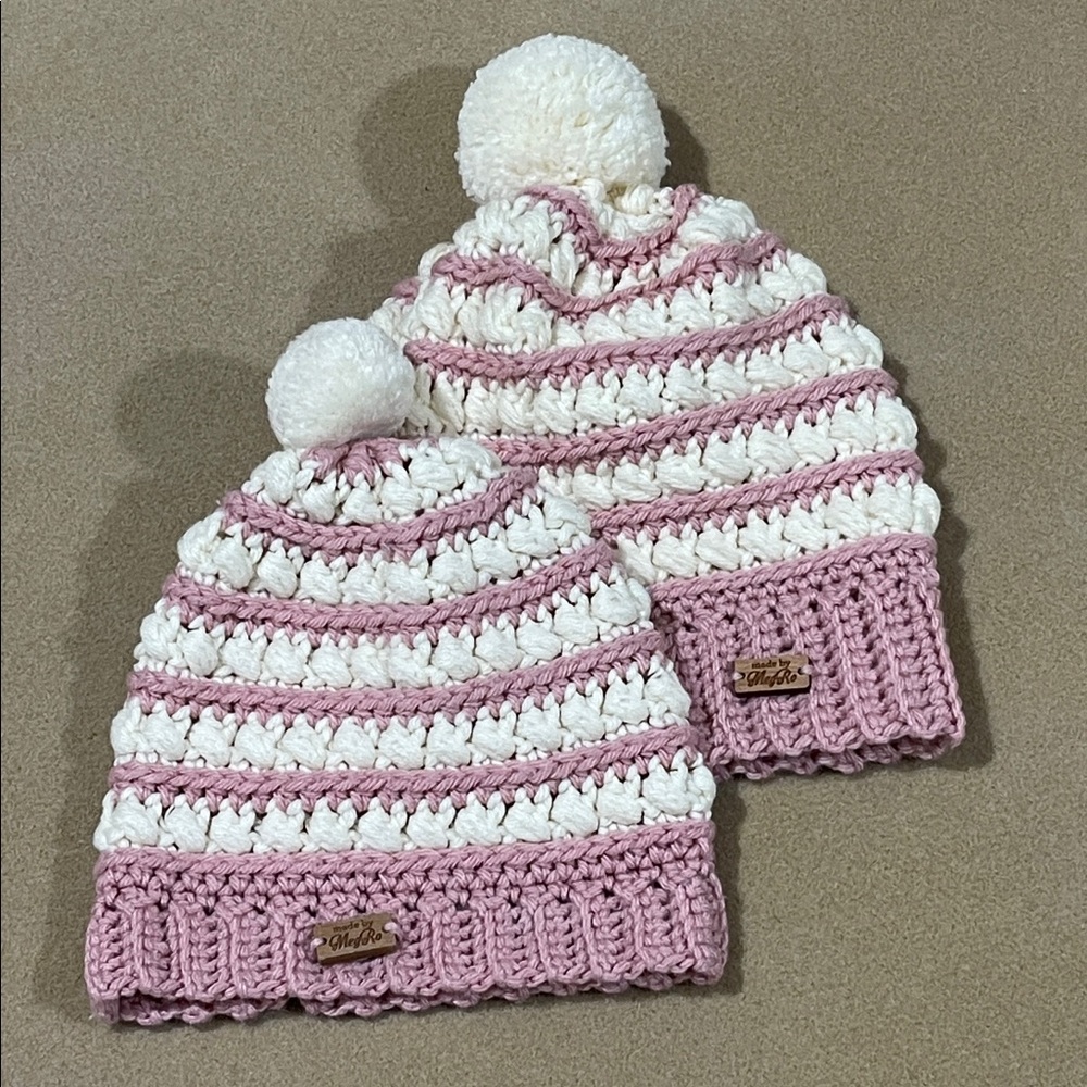 MOMMY & ME ROSEY & IVORY HANDMADE BY MEG RO BEANIE POM POM KNITTED HATS KID 2-4T